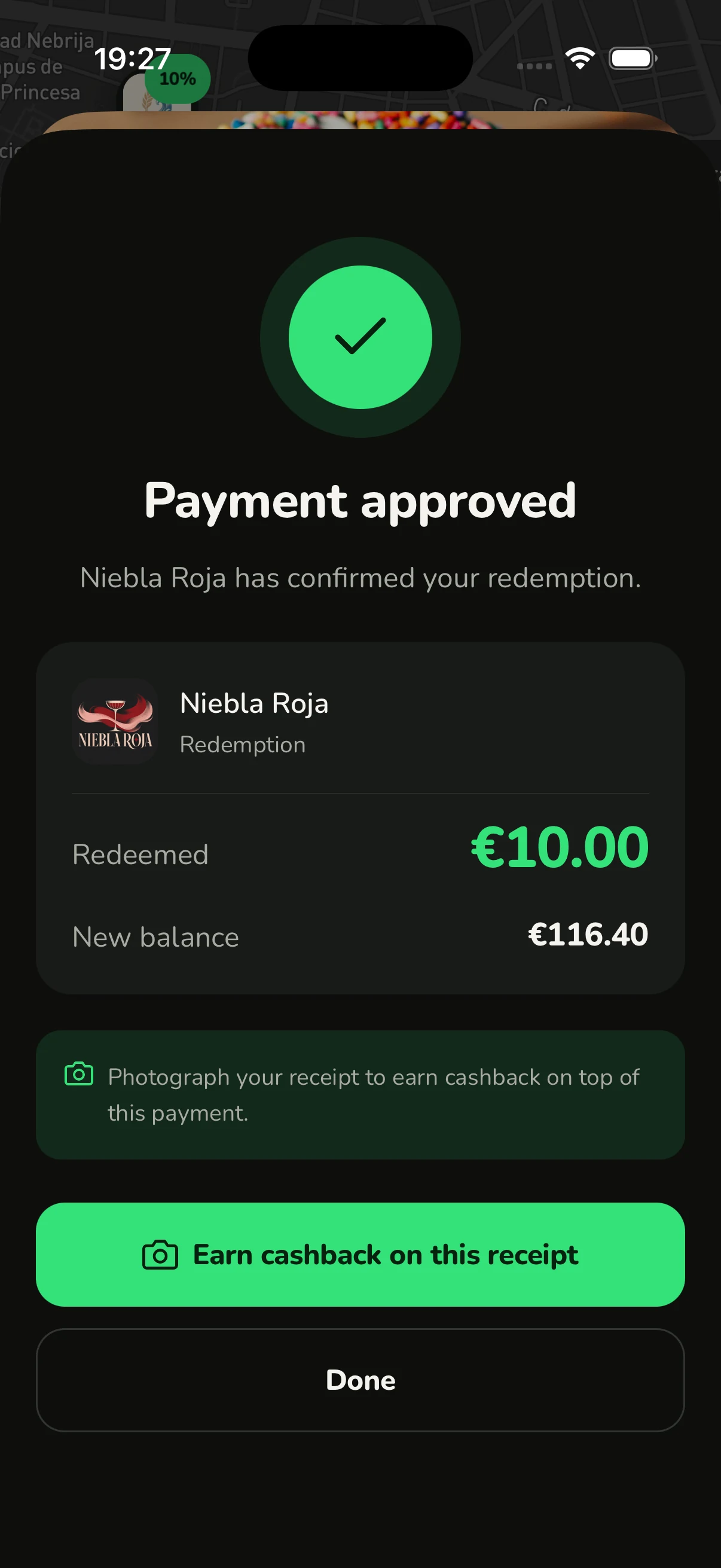 Kashi payment approved screen confirming a venue redemption
