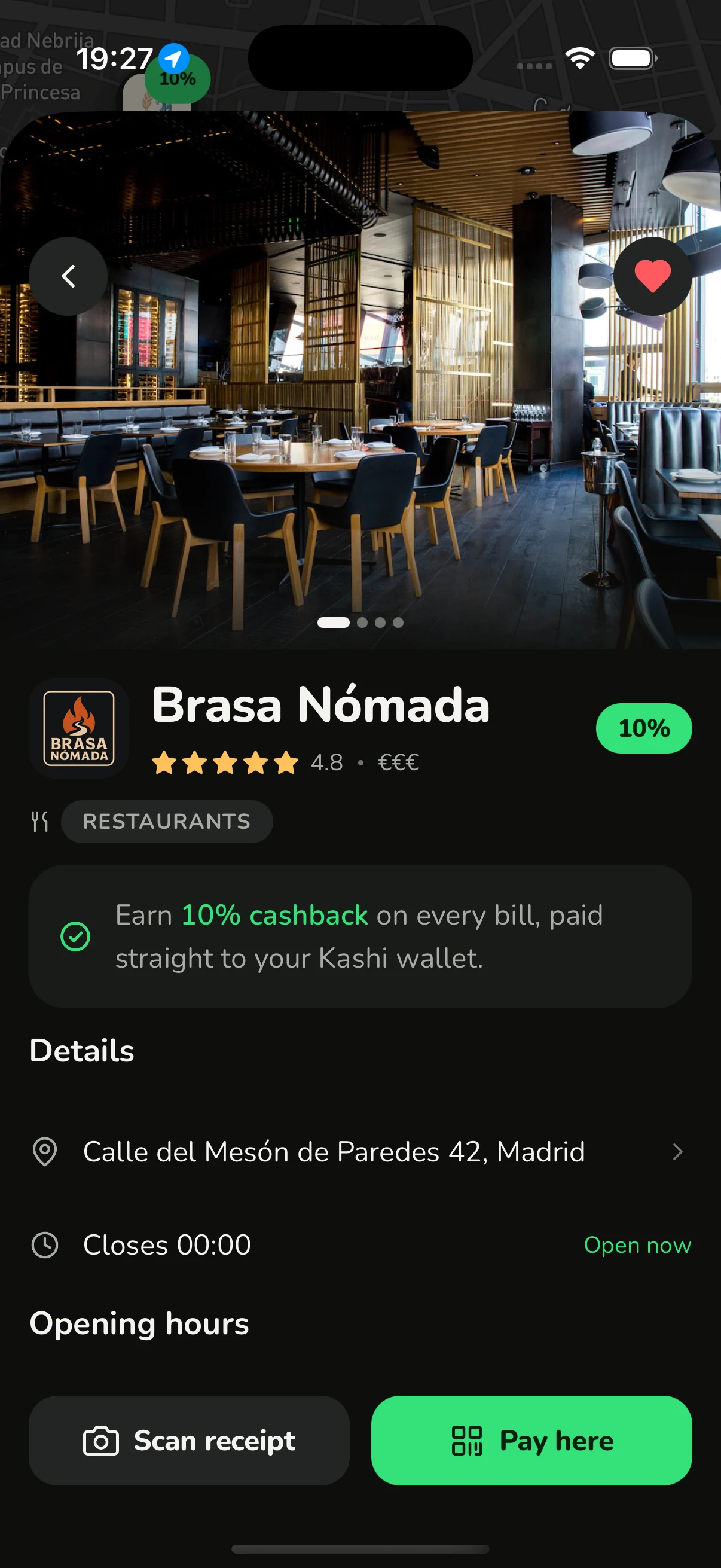 Kashi venue page showing Beit Hanna Brodetsky Café with 10% cashback