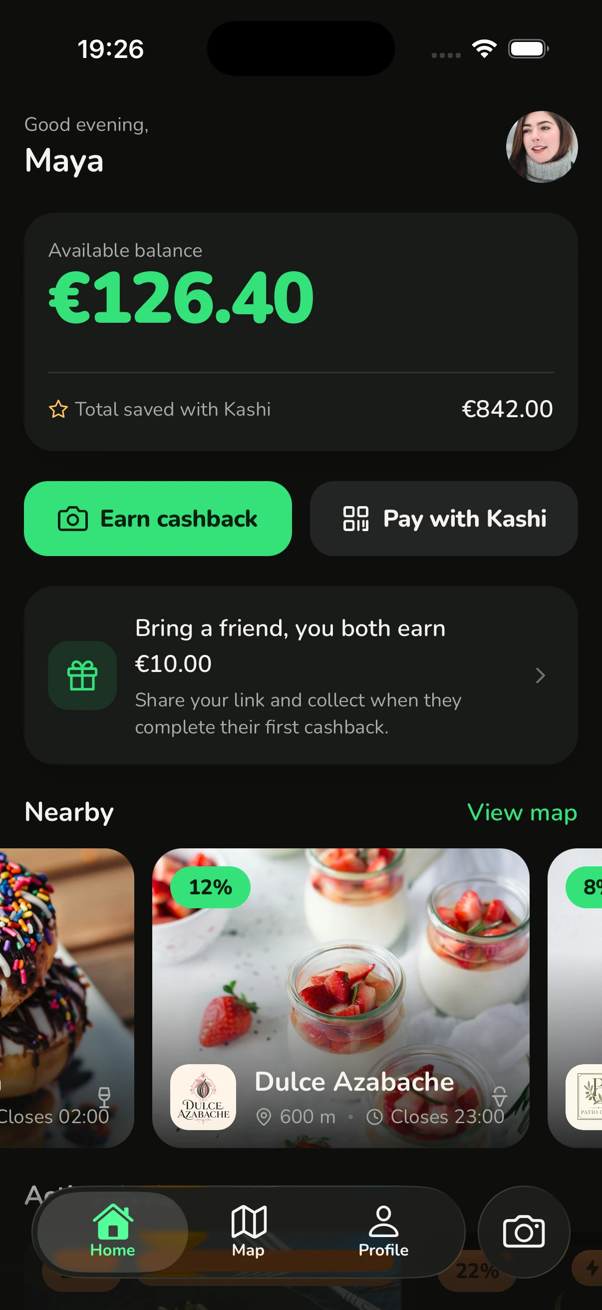 Kashi app home screen showing a wallet balance, cashback actions, and nearby venues